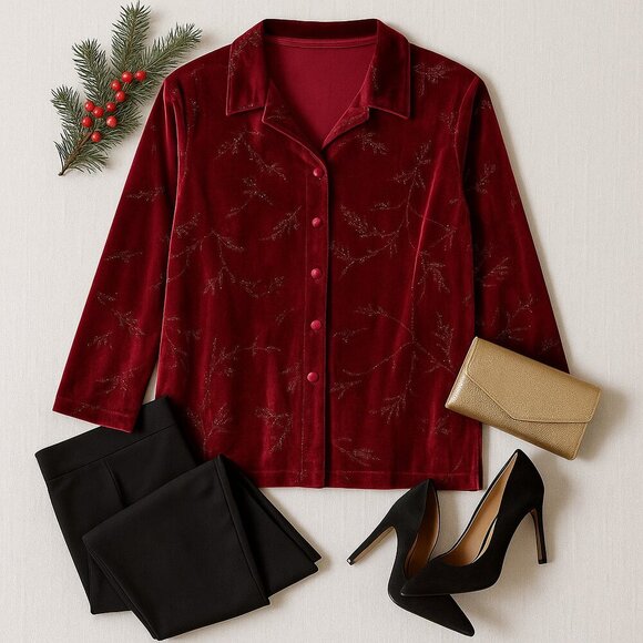 Vintage K.C. Spencer Velour Blouse Sparkle Floral Button Front Holiday L/XL - Picture 2 of 8